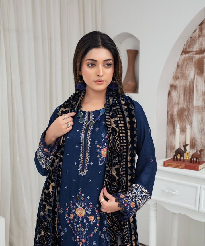 Dhanak 3PC Chikankari Embroidered Shirt With Velvet Plachi Shawl- 2103