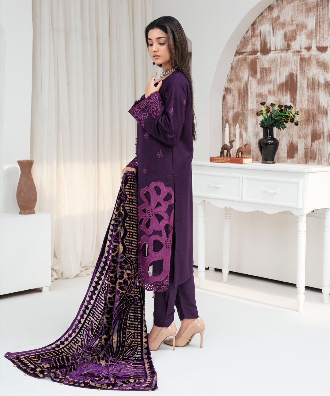 Dhanak 3PC Chikankari Embroidered Shirt With Velvet Plachi Shawl- 2108