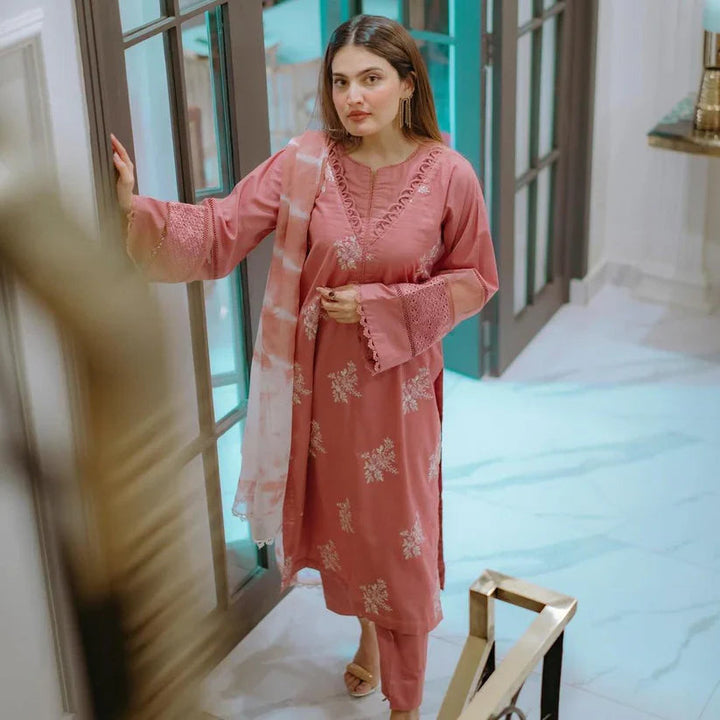 Dhanak-3PC Embroidered Shirt with Digital Printed Wool Shawl - 3330