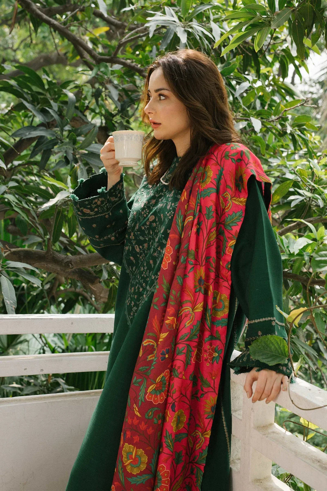 Dhaank 3PC Embroidered Shirt With Digital Printed Shawl-204