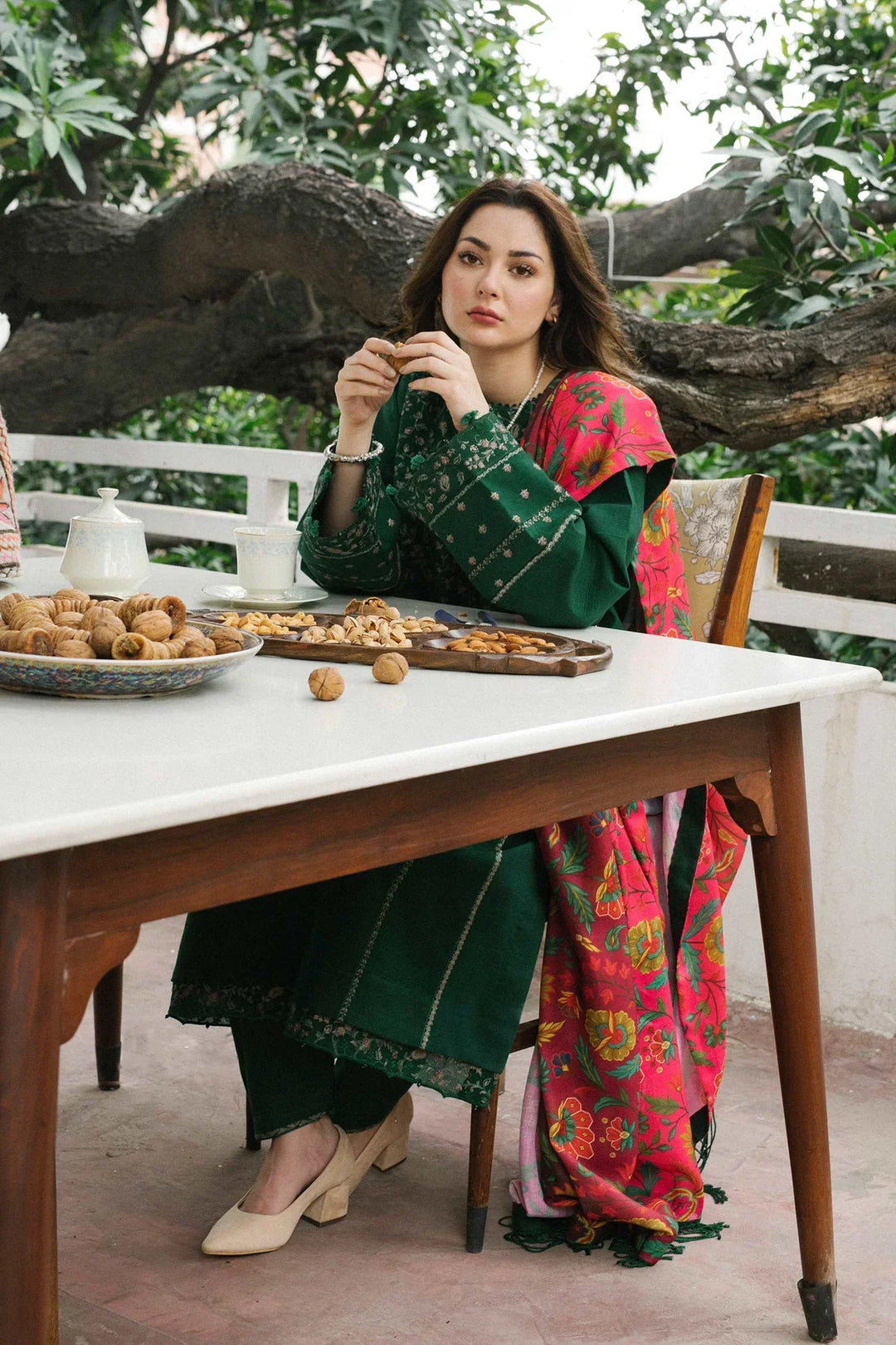 Dhaank 3PC Embroidered Shirt With Digital Printed Shawl-204